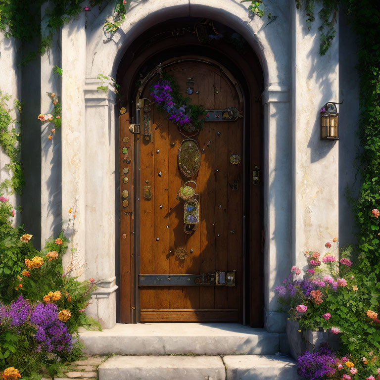 Charming wooden door with wreath, stone walls, greenery, flowers