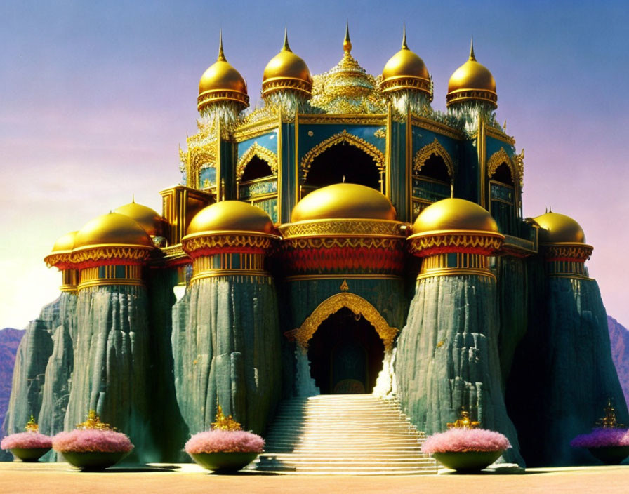 Opulent fantasy palace with golden domes and blue walls amidst towering cliffs and pink flowering bushes