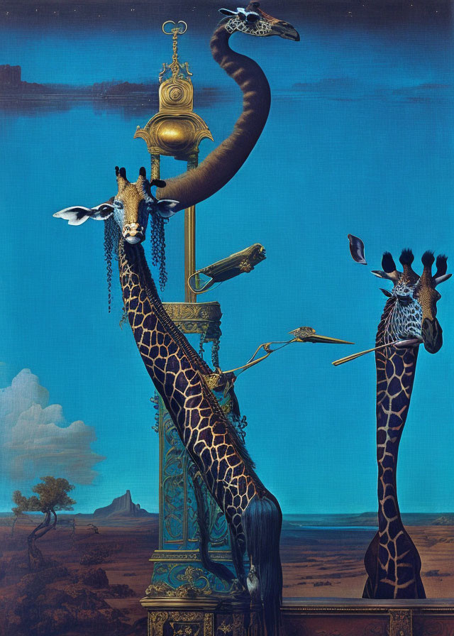 Surrealist Artwork: Giraffes with Elongated Necks Entwined Around Golden