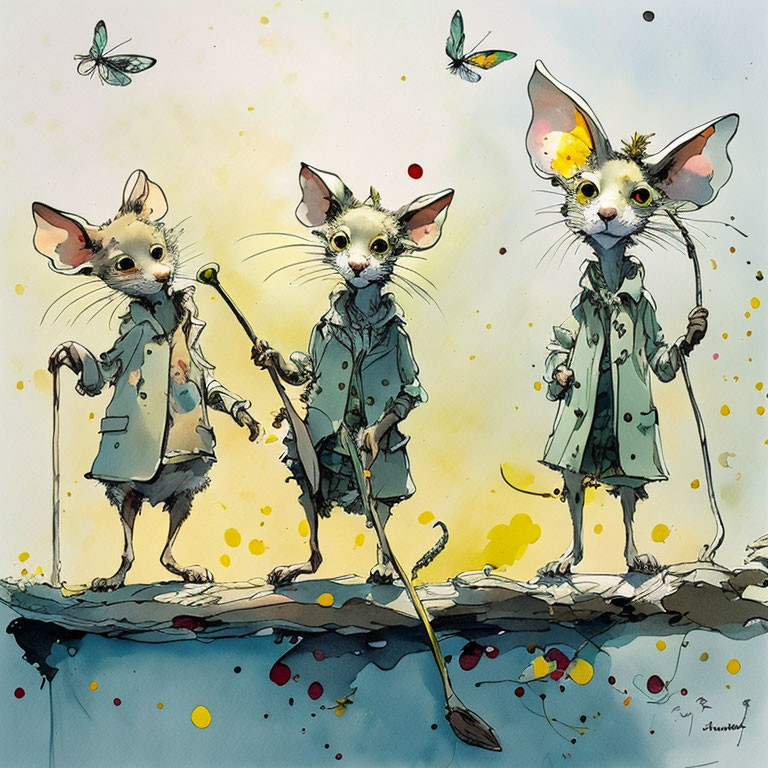 Whimsical mice in green coats with walking canes and butterflies, colorful paint splashes.