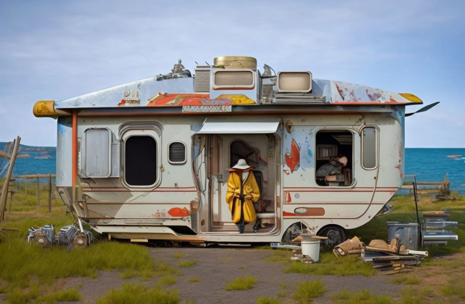 Vintage caravan with open door by water under blue sky