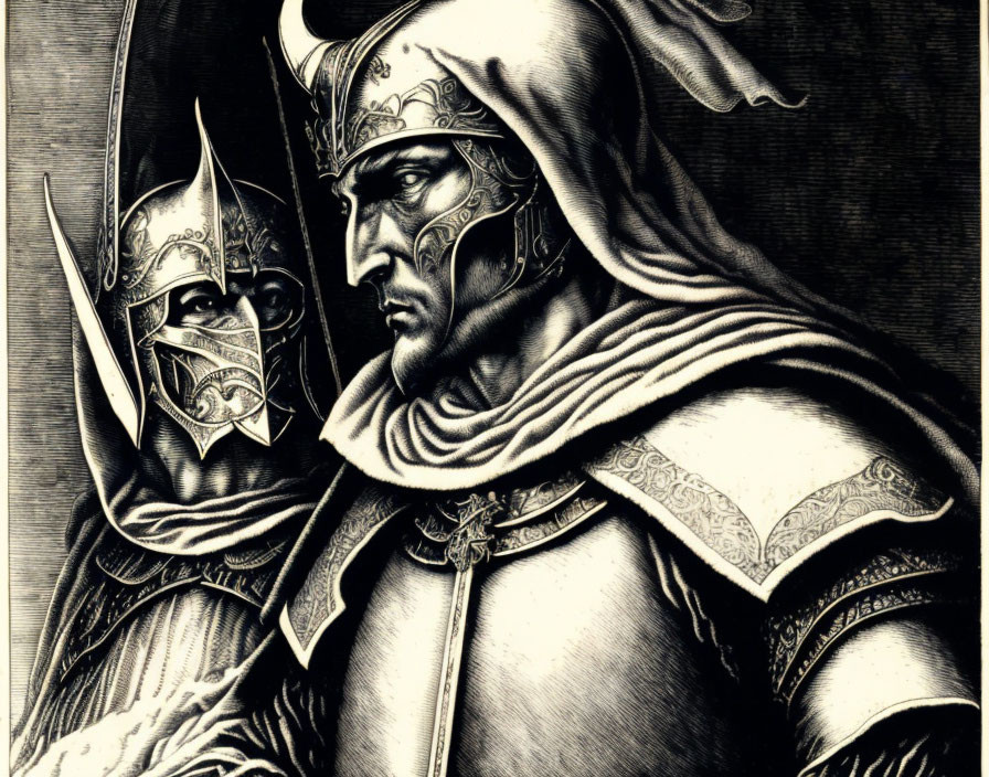 Detailed monochrome medieval knights illustration.