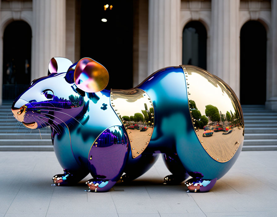 Stylized Rat Sculpture with Reflective Surface and Columns in Background