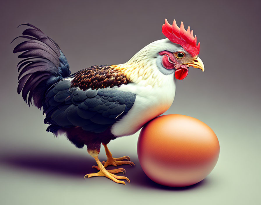 Colorful Rooster with Red Comb Beside Large Brown Egg