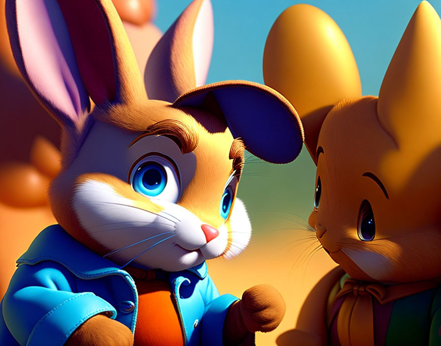 Animated rabbits in blue jacket conversing under warm light