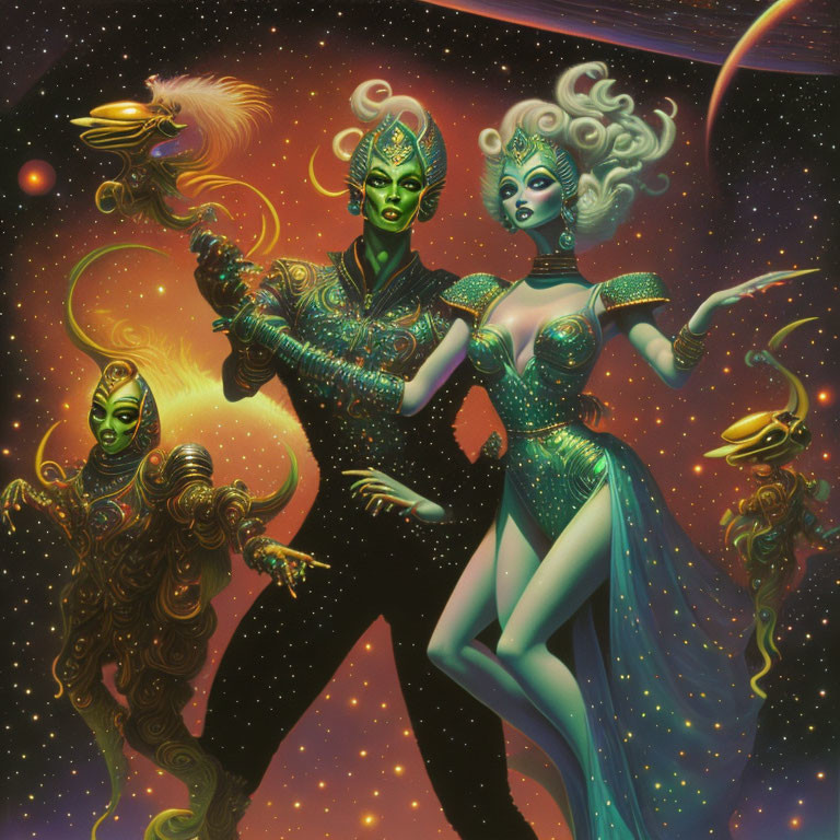 Three stylized extraterrestrial figures in futuristic costumes amid cosmic setting.