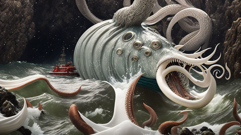 Giant octopus-like creature emerges in stormy sea with ships.