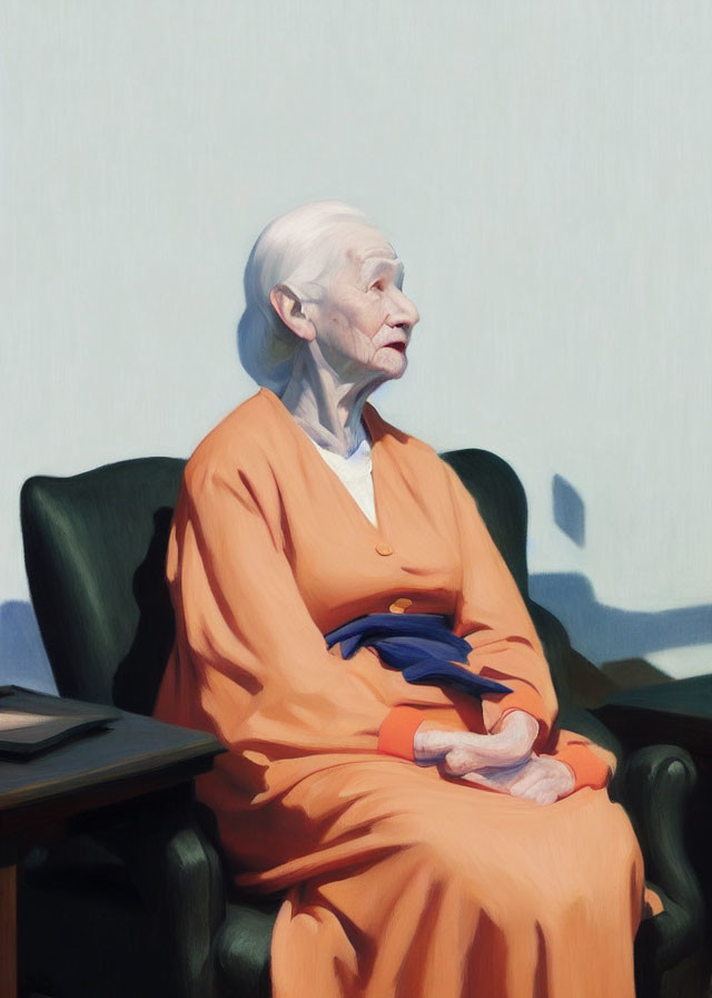 Elderly woman in orange dress sitting in chair with blue cloth, looking thoughtful