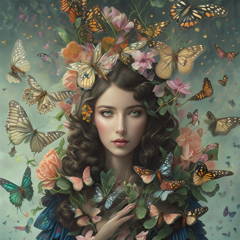 Surreal portrait of woman with butterflies and flowers in hair