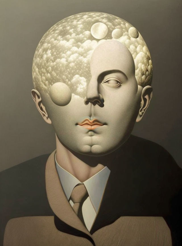 Surreal painting: man in suit with moon-like brain, celestial bodies and craters.