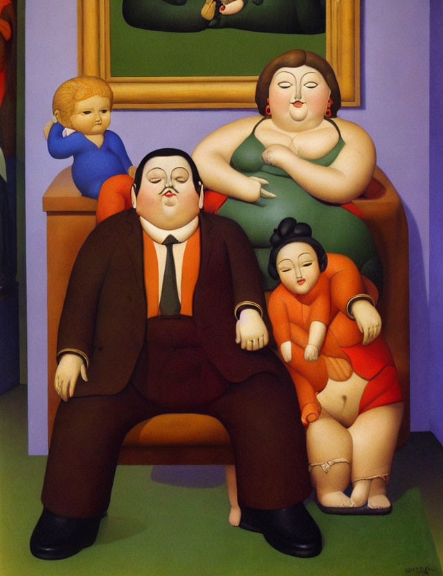 Colorful Cartoonish Painting of Four Plump Figures in Interior Setting