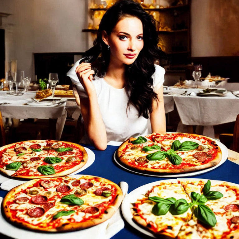 Woman at table with multiple pizzas decorated with basil leaves