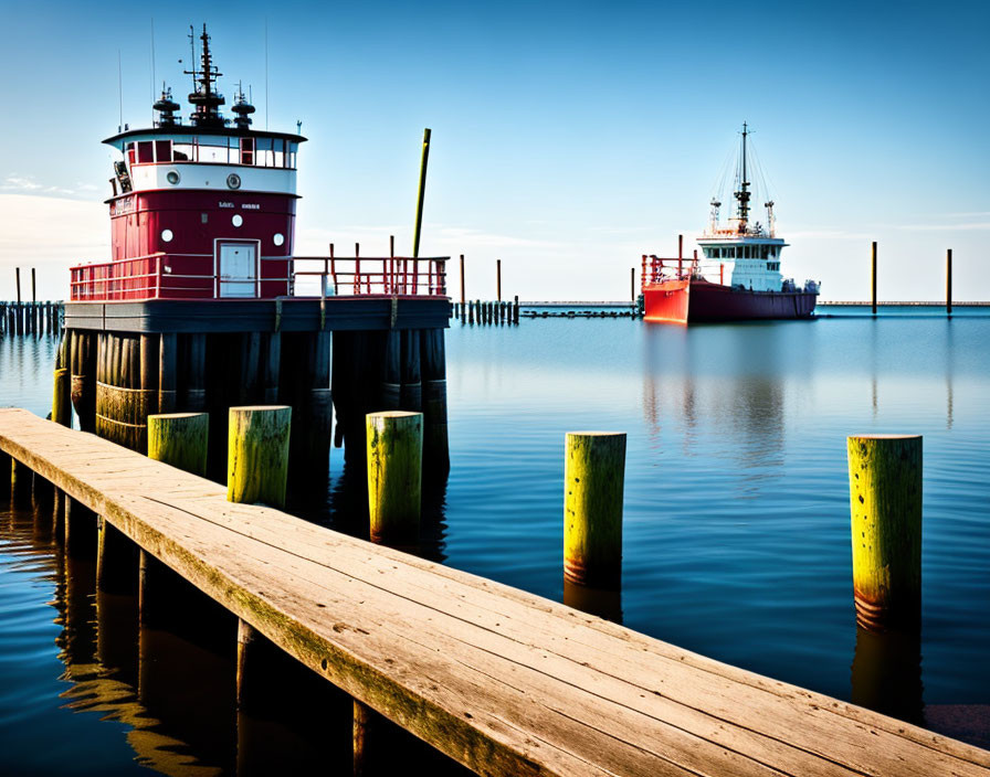 Wooden pier with red tugboat and ship on calm waters