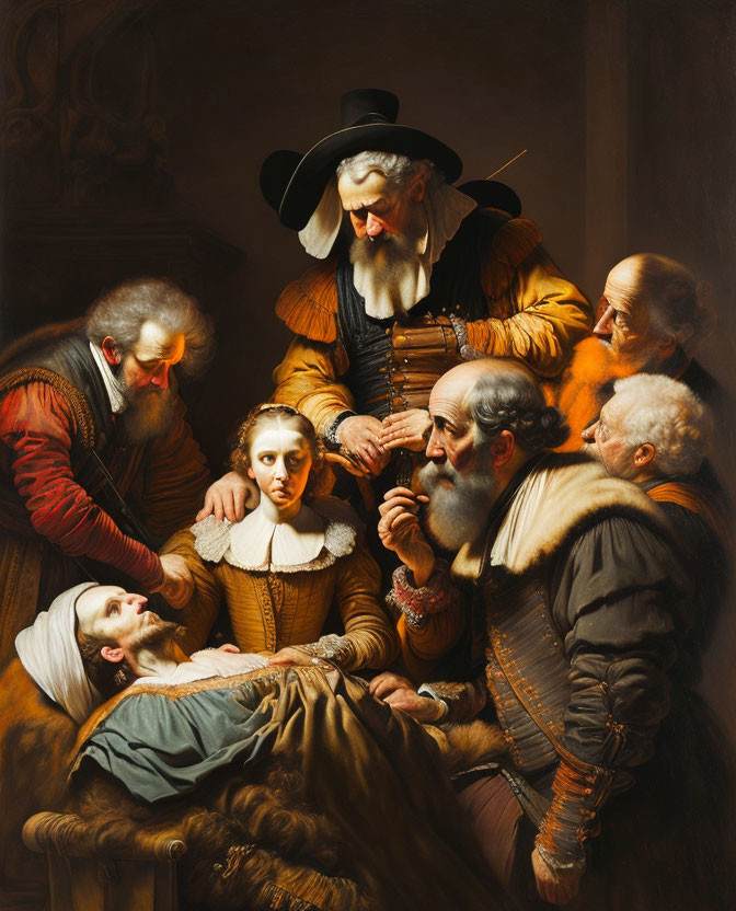 Dramatic painting: Seven elderly men with young woman in soft light