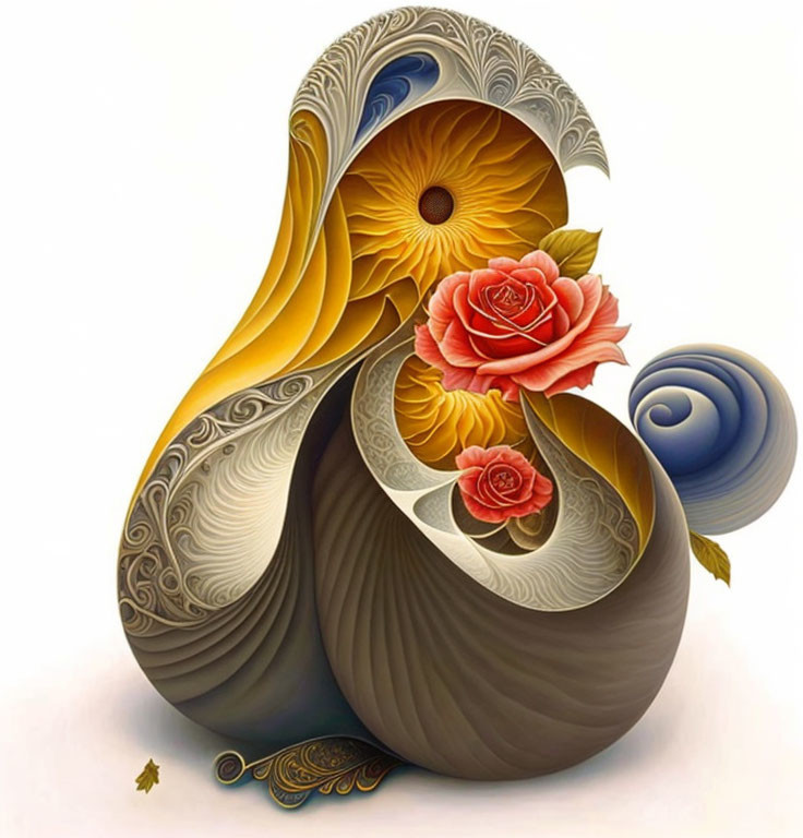 Stylized bird illustration with ornate feathers and rose centerpiece