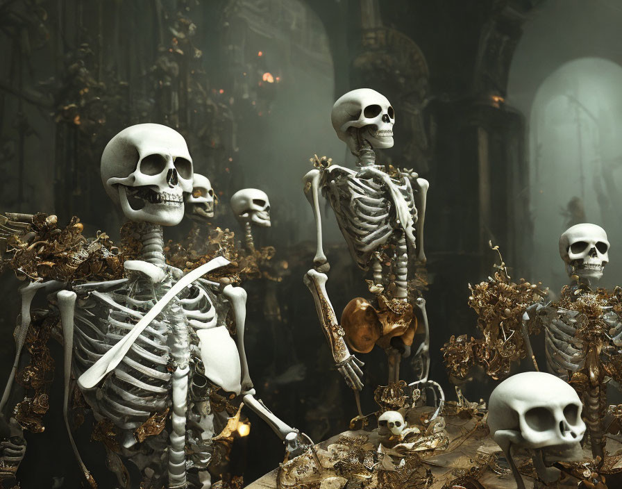 Skeletons with Gold and Jewelry in Baroque Chamber