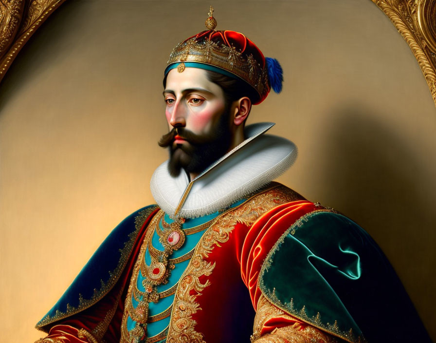 Portrait of a man with a beard in regal attire and crown