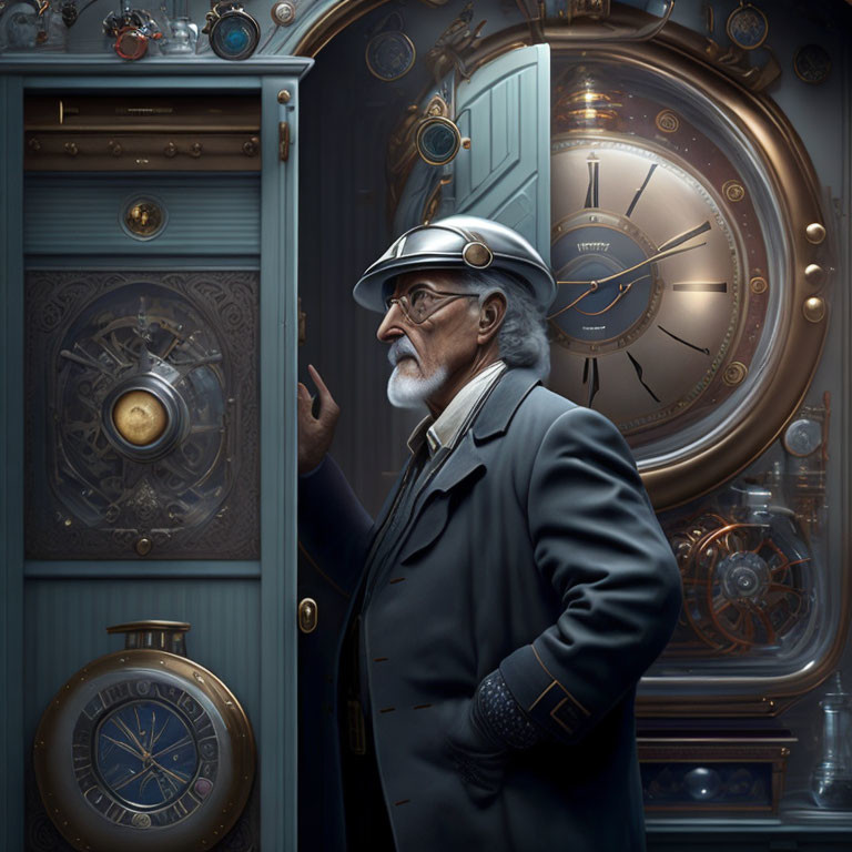 Elder Man with Mustache and Goggles in Steampunk Room