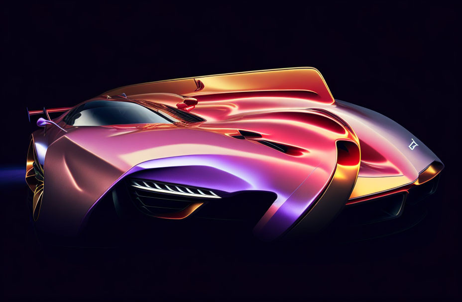 Sleek futuristic car with vibrant multi-colored paint on dark background