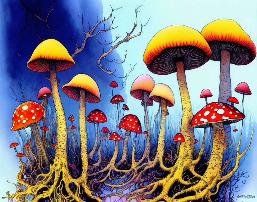 Colorful oversized mushrooms with red caps and yellow roots on blue background