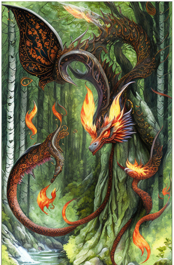 Ornate dragon with flames in ancient forest setting