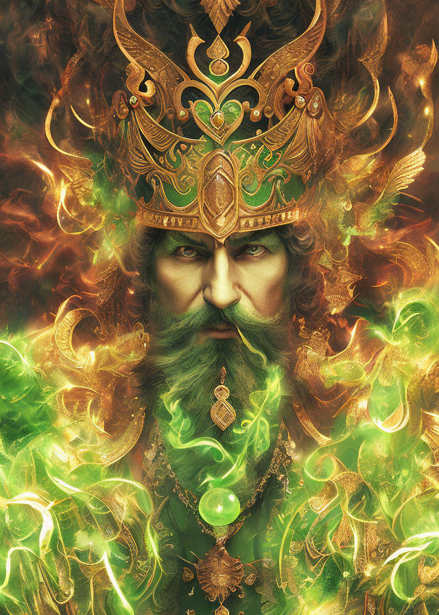 Regal figure with golden crown and green flames.