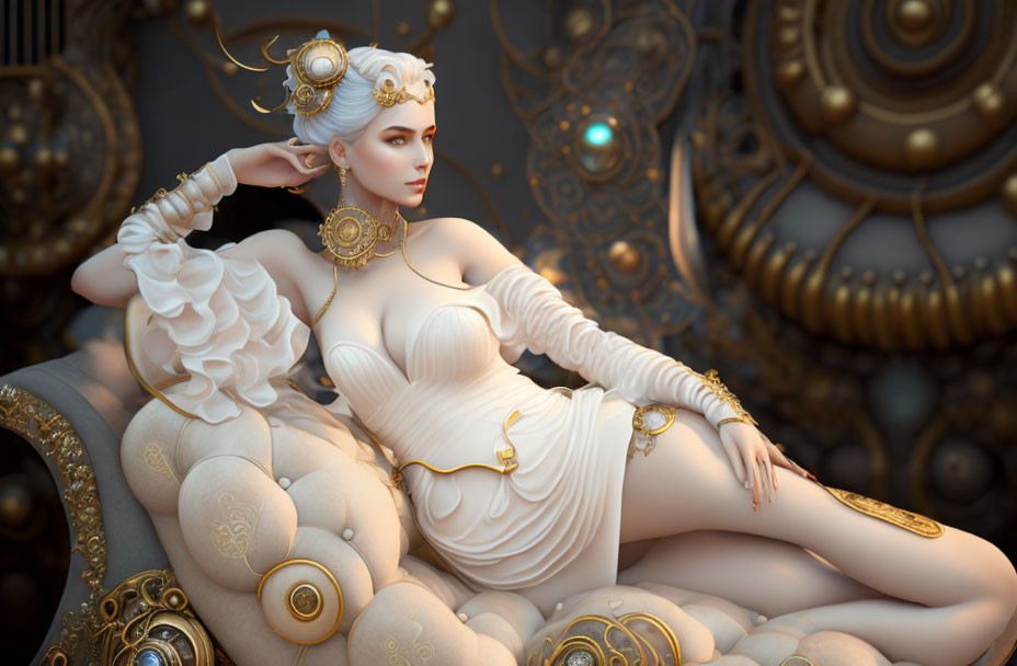 Elaborate steampunk-themed woman in white and gold costume on ornate chair surrounded by mechanical