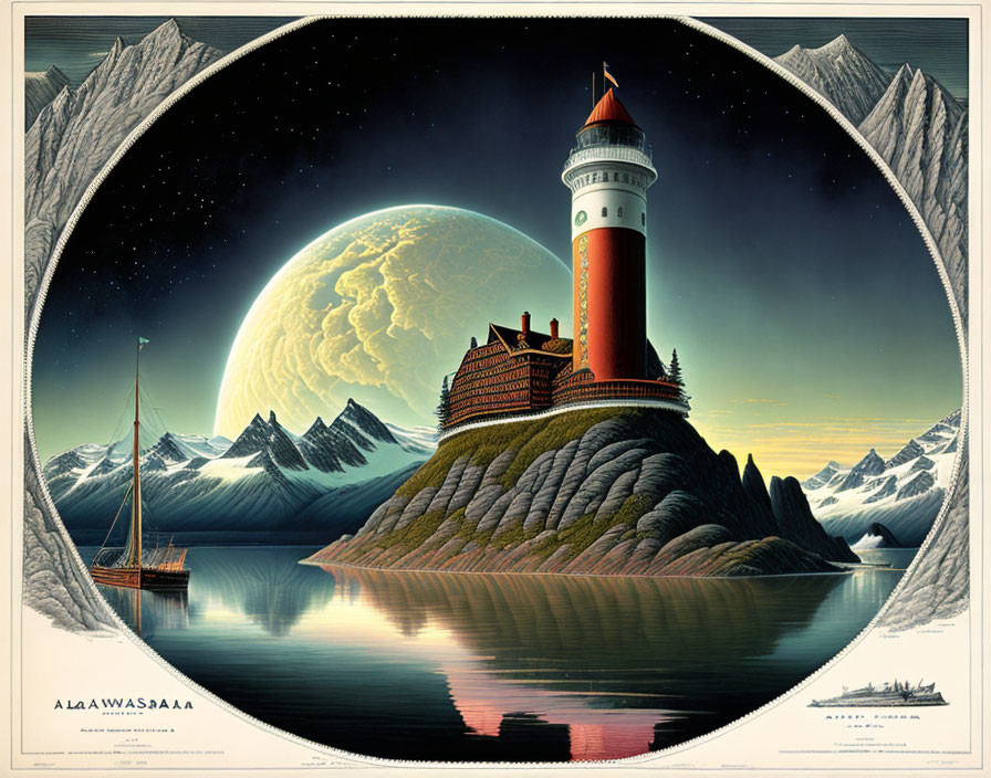 Vintage-style illustration of lighthouse, rocky island, mountains, full moon, ship, and steamboat