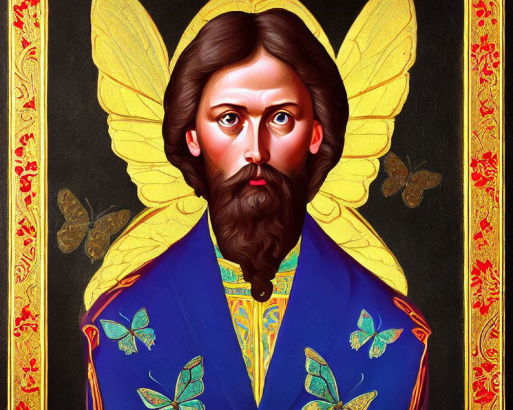 Stylized portrait of a bearded figure with butterfly wings in gold and black