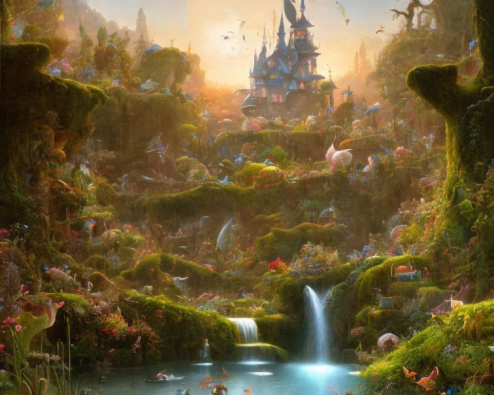 Majestic castle, waterfalls, lush flora, whimsical creatures in fantasy landscape