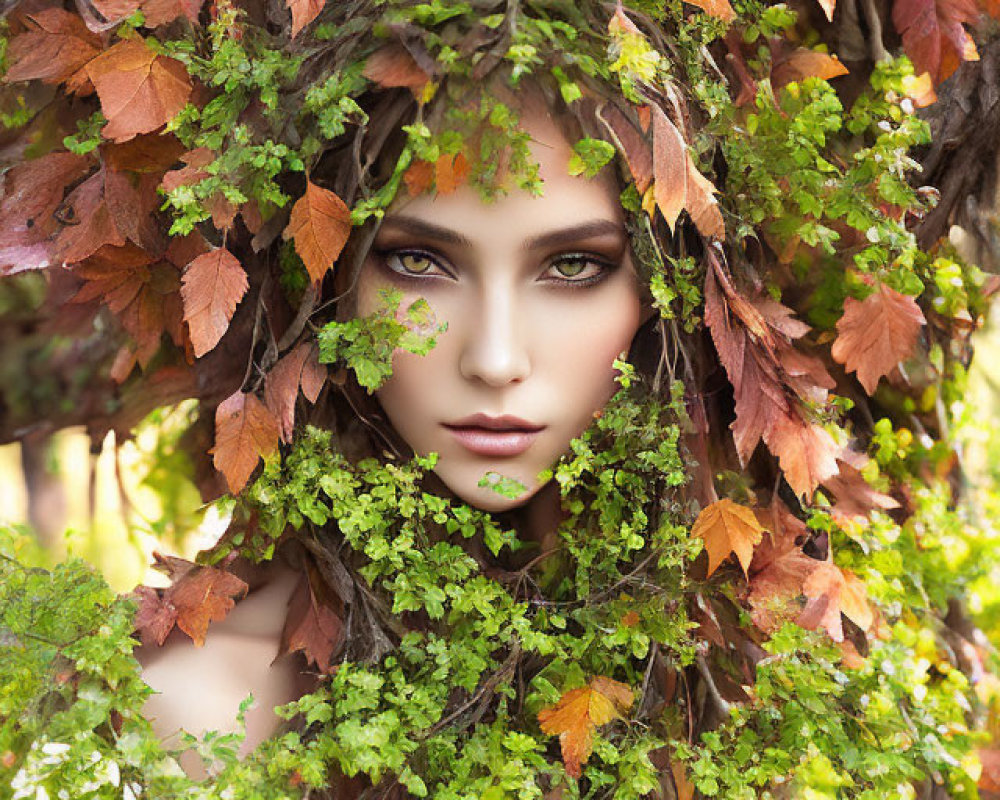 Autumn-themed woman's face framed by leaves and vines