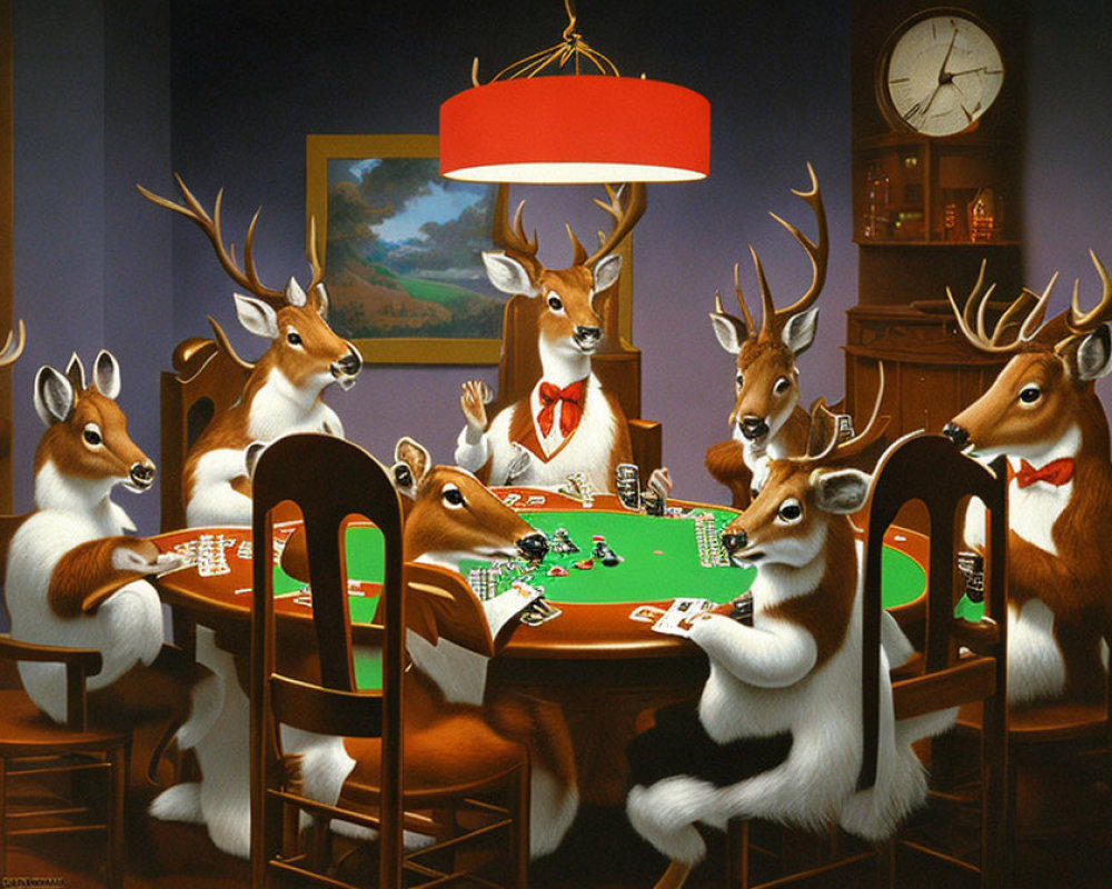 Whimsical anthropomorphic deer playing poker in formal attire