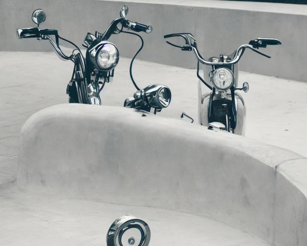 Two motorcycles with high handlebars parked on curved concrete with a detached wheel nearby