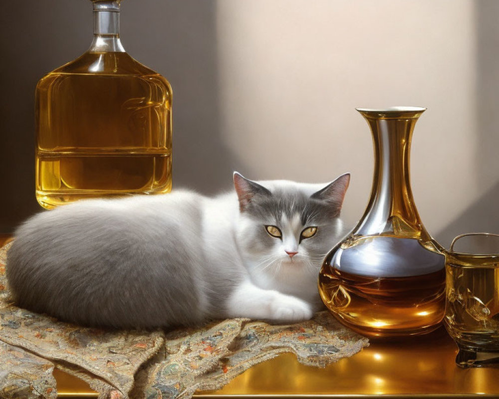 White and Grey Cat with Glass Decanters on Ornate Fabric