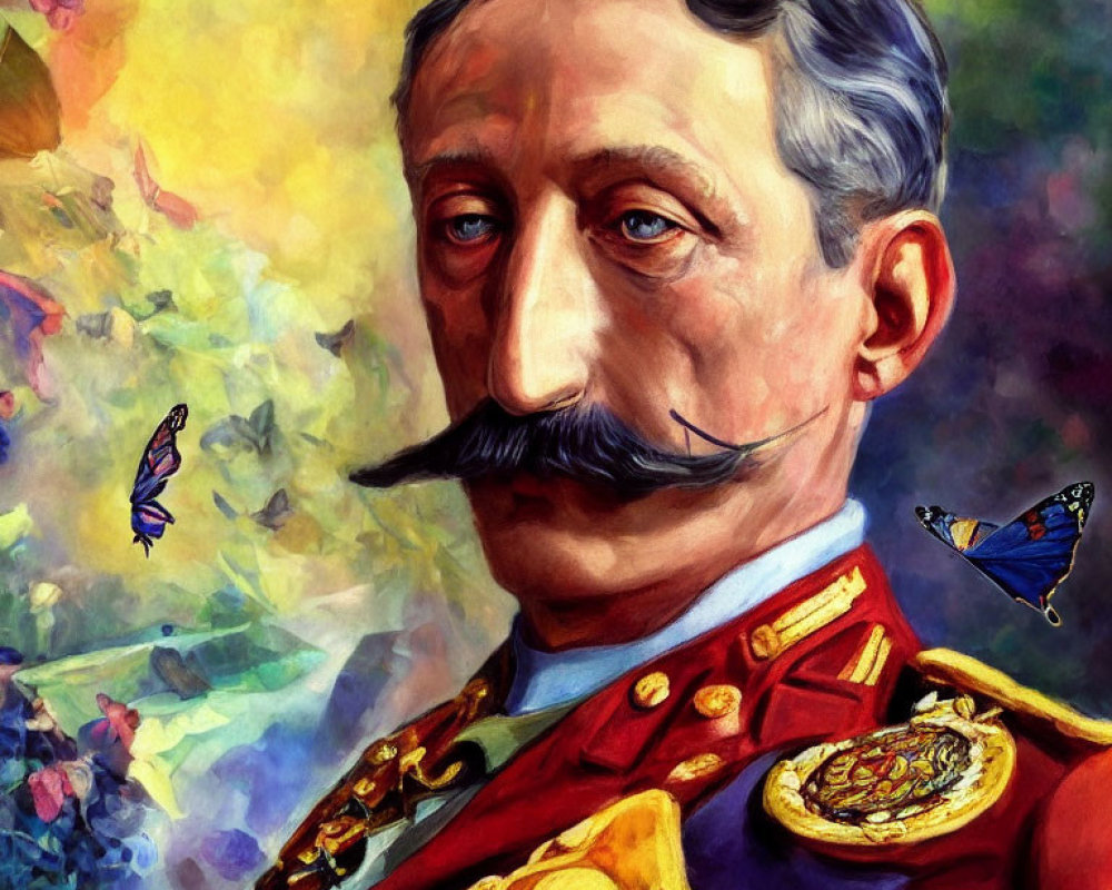 Colorful Painting of Mustachioed Man in Military Uniform with Medals Amid Vibrant Abstract Sw