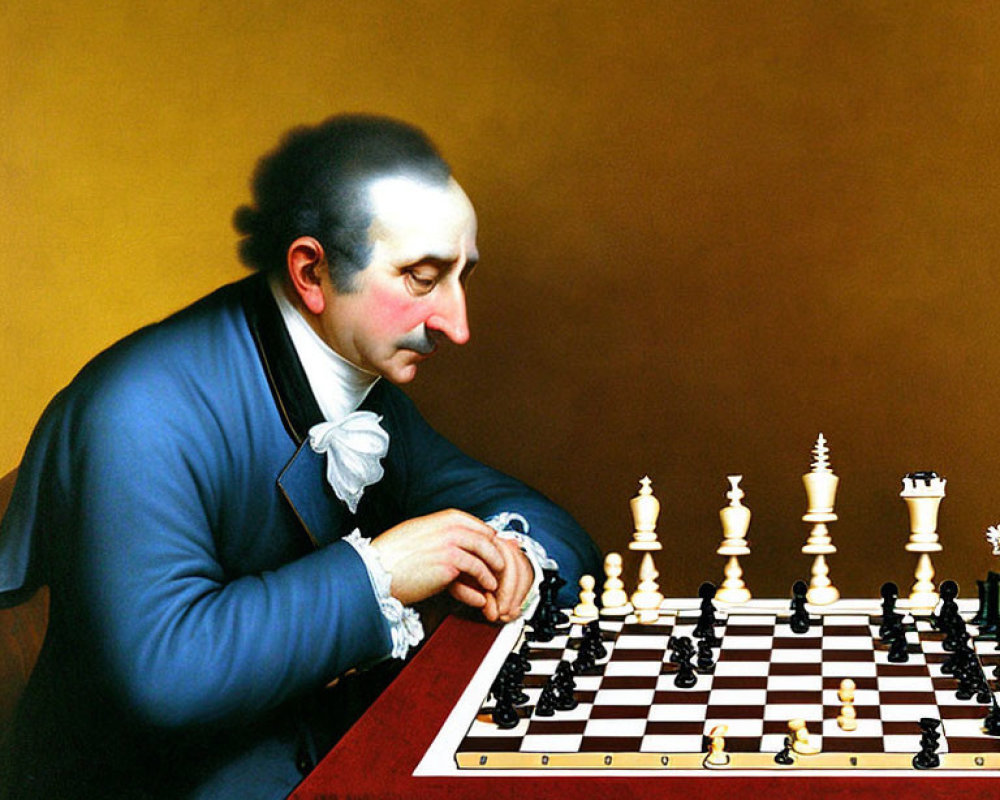 Historical-style portrait of man in blue coat studying chessboard