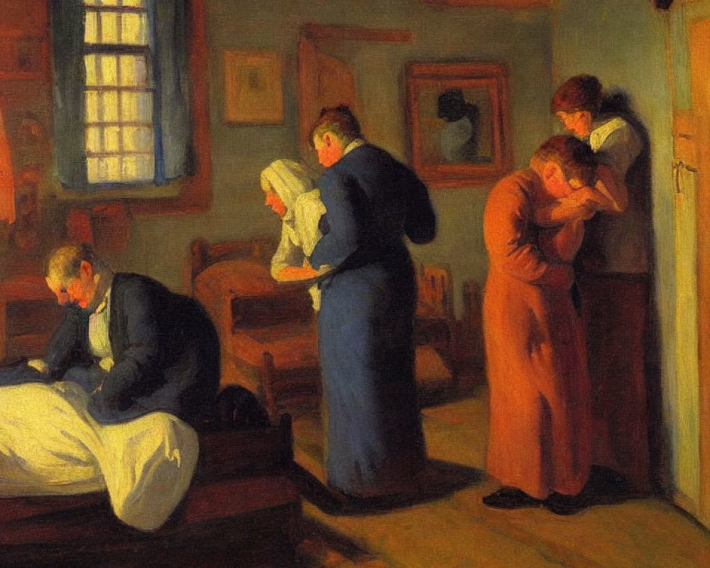 Artwork featuring four individuals in a dimly lit room expressing care and concern.