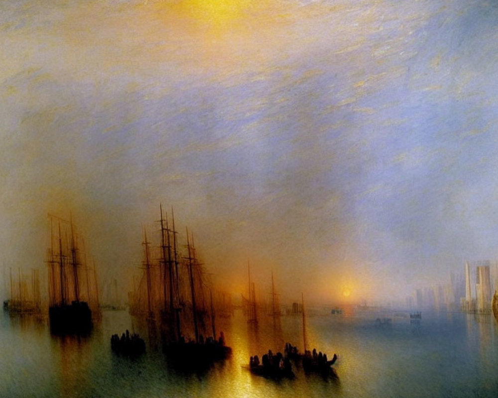 Ships and Boats on Misty Waters at Sunrise or Sunset