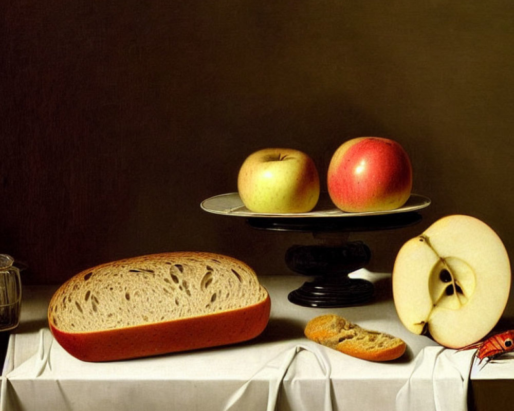Classic Still Life Painting with Bread, Apples, and Glass Cup