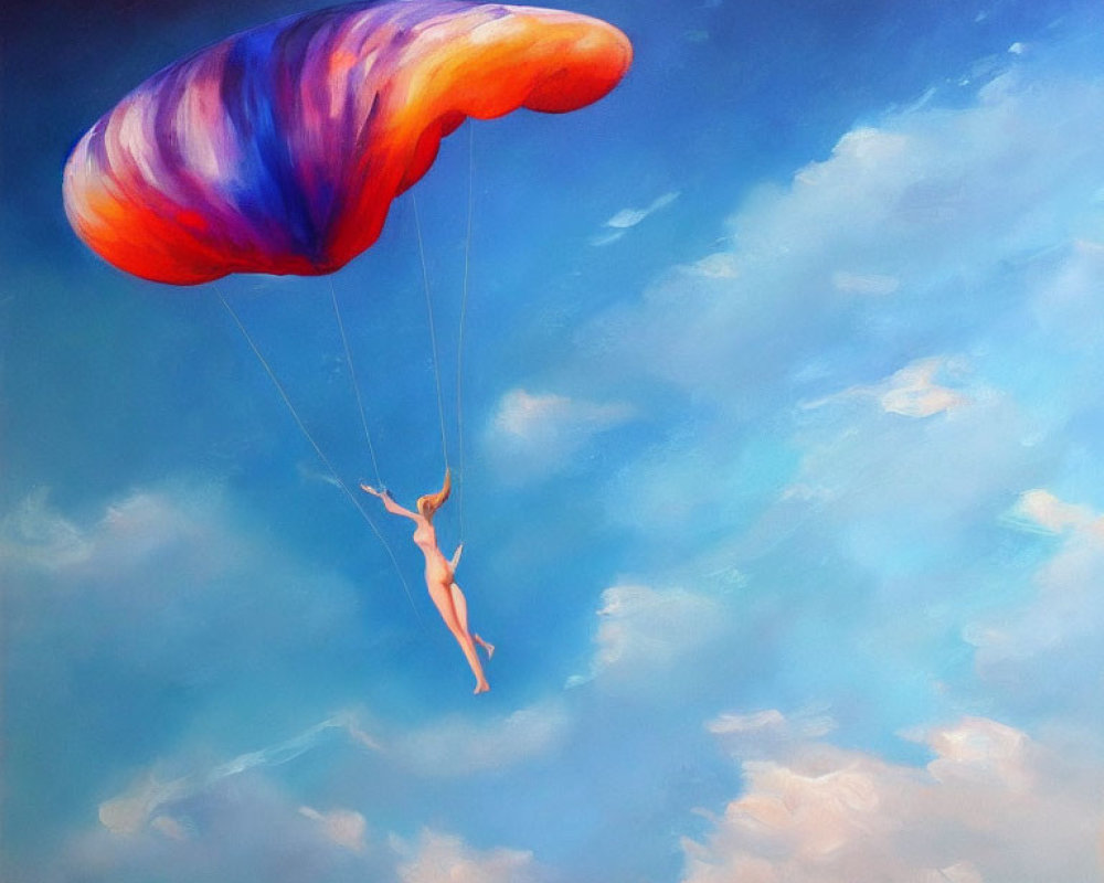 Colorful Parachute Skydiving in Blue Sky with Clouds