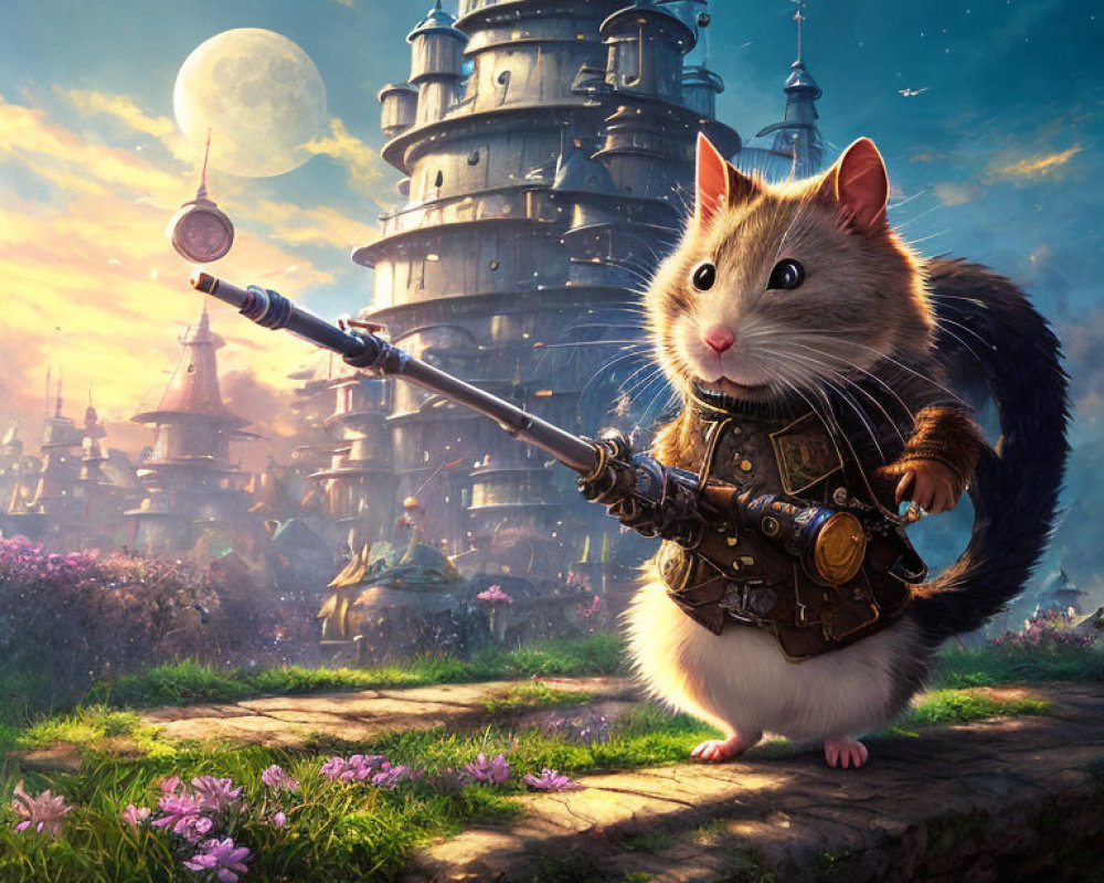 Armored mouse with spear in front of whimsical castle under moonlit sky