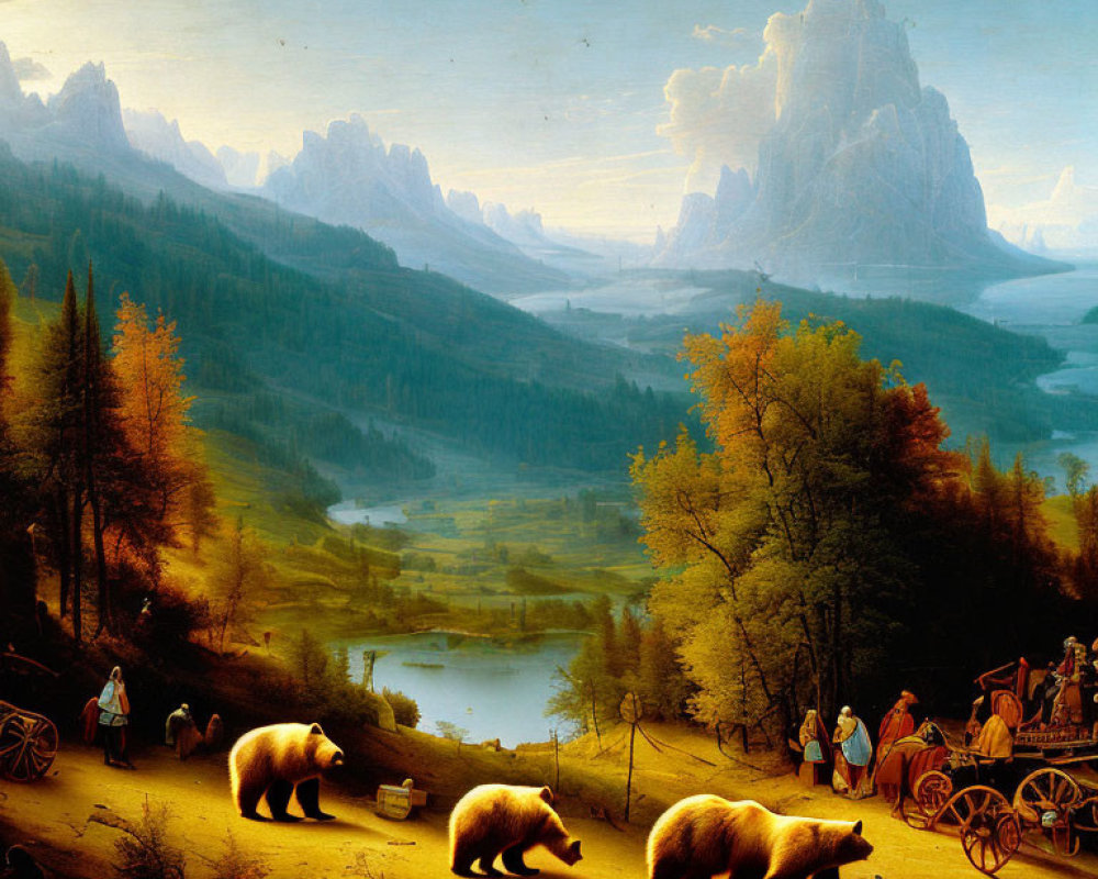 19th-Century Landscape Painting with Travelers, Horse-Drawn Cart, Bears, and