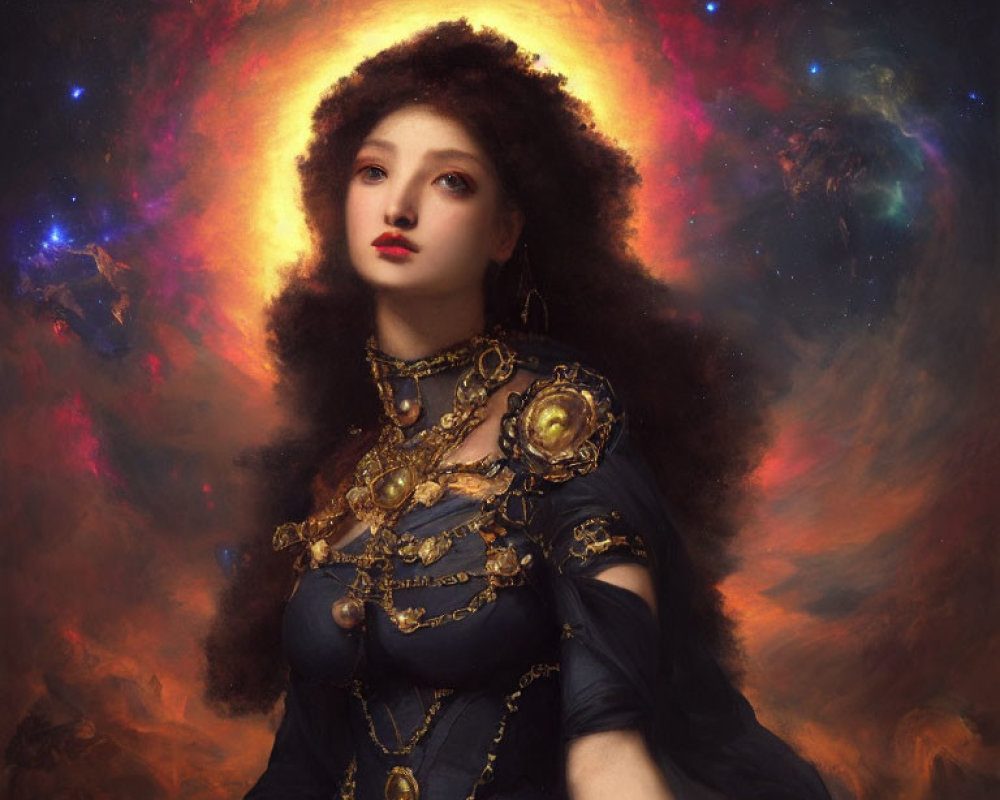 Curly-Haired Woman with Golden Jewelry in Cosmic Nebula Setting