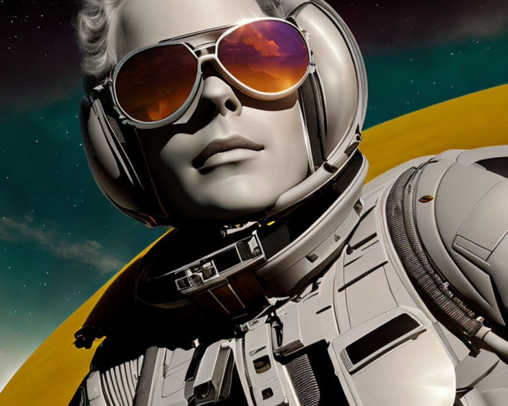 Stylized astronaut in reflective sunglasses and detailed spacesuit on yellow space backdrop.