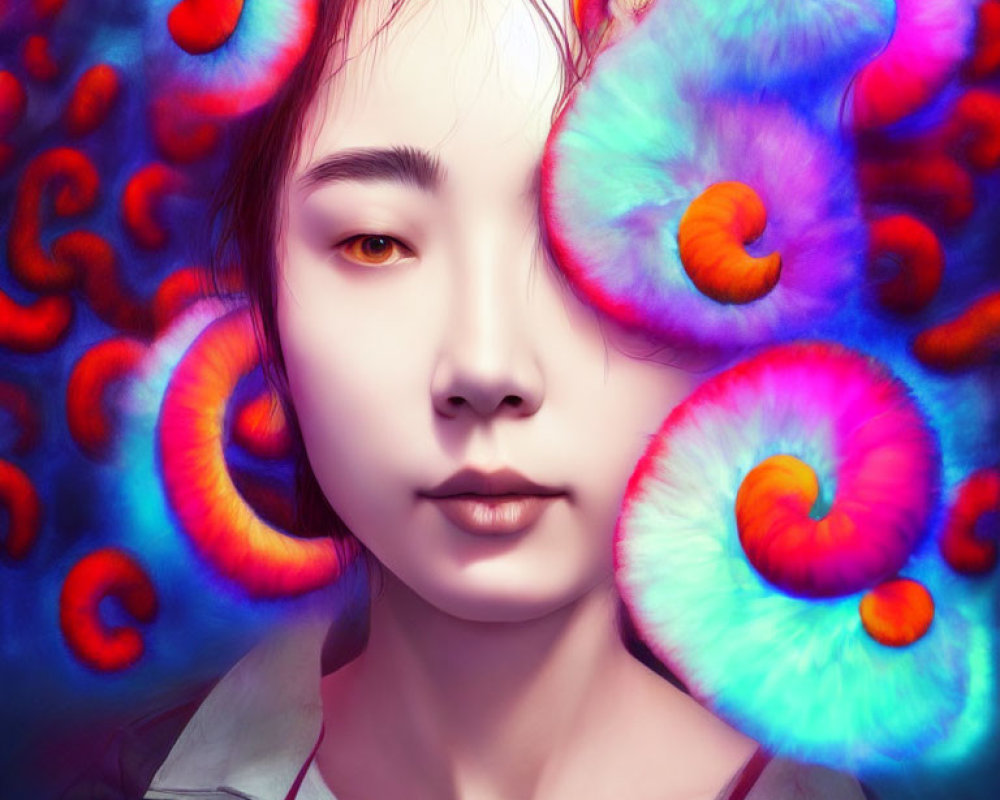 Serene woman portrait with vibrant blue, purple, and red swirls