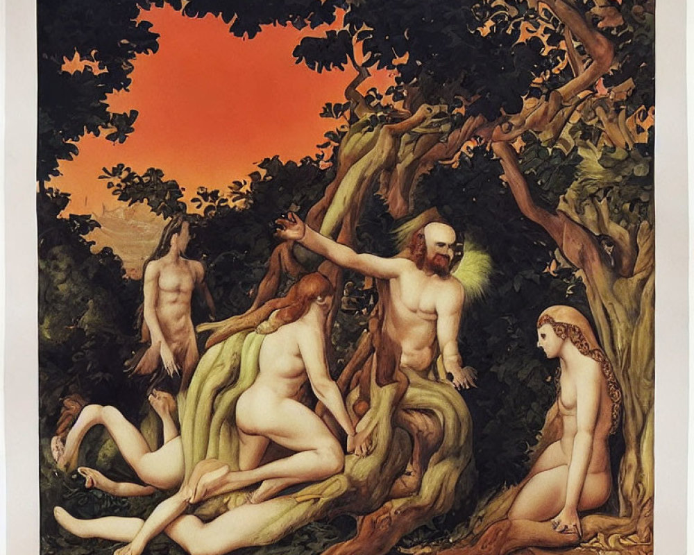 Stylized painting of nude figures in lush grove with orange sky