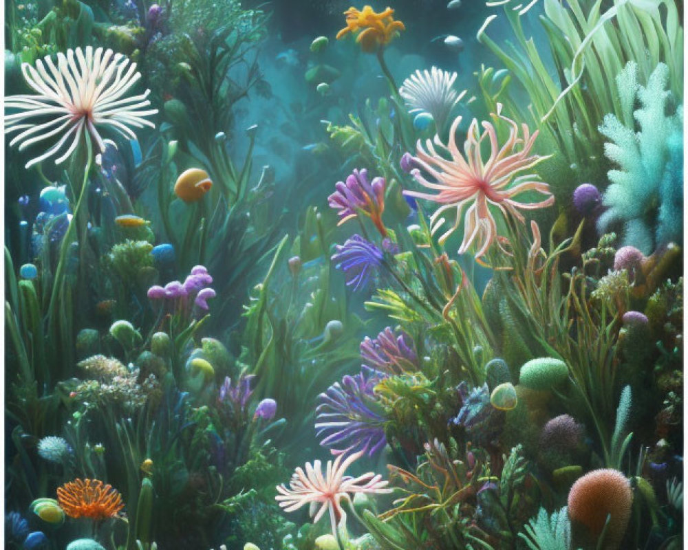 Colorful Underwater Scene with Corals, Anemones, and Plants