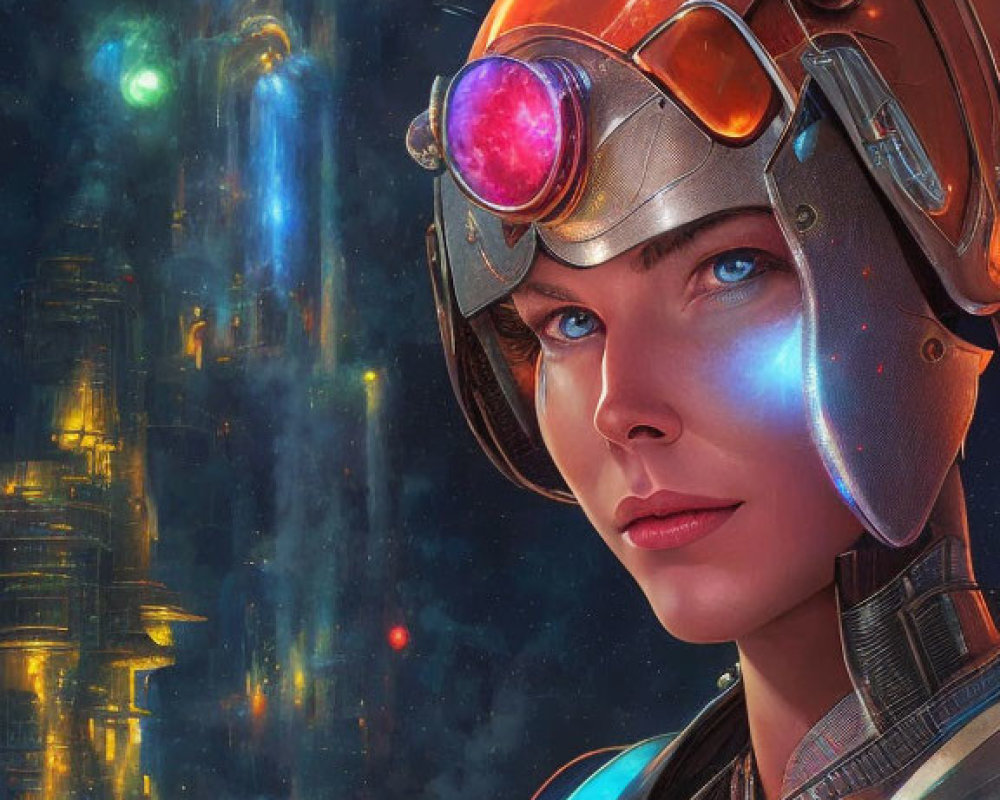 Futuristic woman in glowing helmet with hawk in sci-fi cityscape