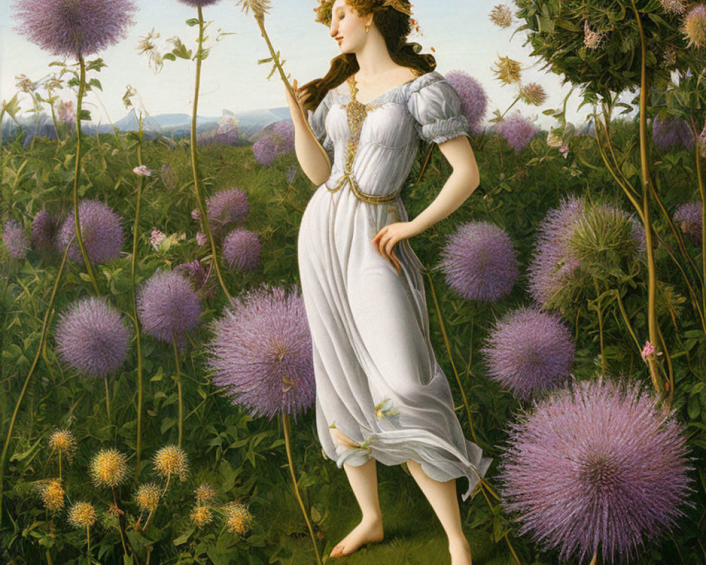 Woman in Classical Attire Walking Through Purple Globe Thistle Field