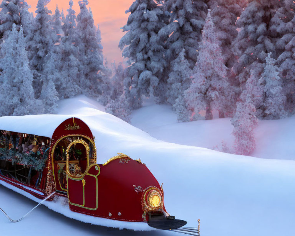 Red and Gold Festive Train in Snowy Forest Landscape at Sunset